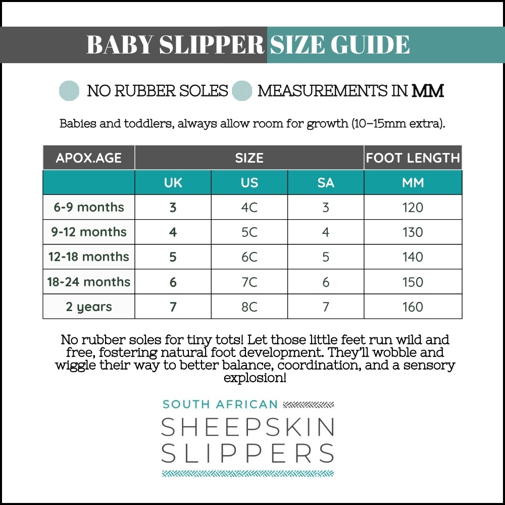 Baby, Toddler & Kids South African Sheepskin Slippers Size Guide