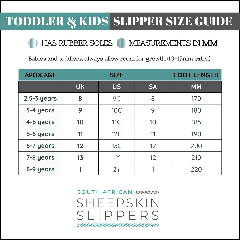 Baby, Toddler & Kids South African Sheepskin Slippers Size Guide