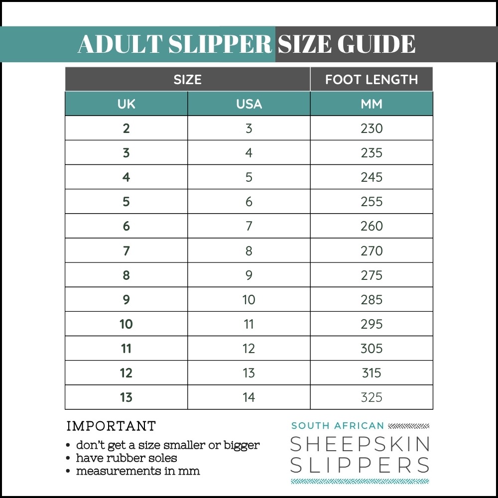 Adult South African Sheepskin Slippers Size Guide