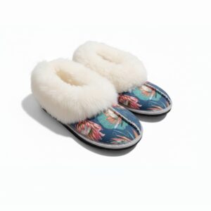 Ladies Protea Sheepskin Slippers SA.  Wild Blue Protea Sheepskin Slippers for SA Ladies  - LIMITED EDITION! 
